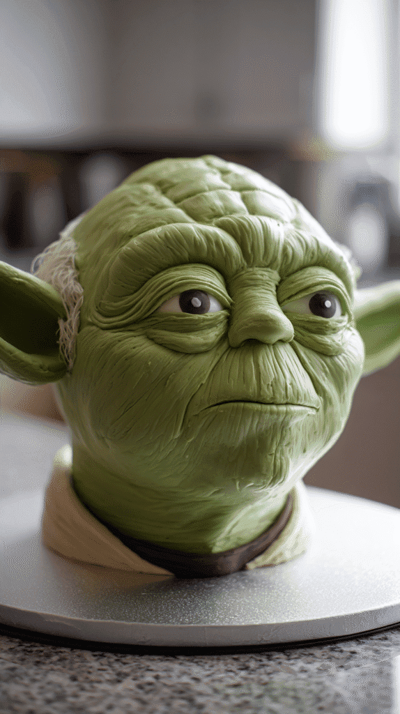 A finished version of a cake made to resemble Yoda from Star Wars.