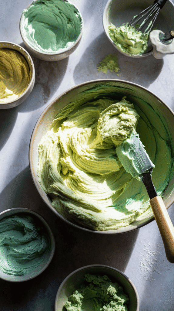 mixing green frosting for cake