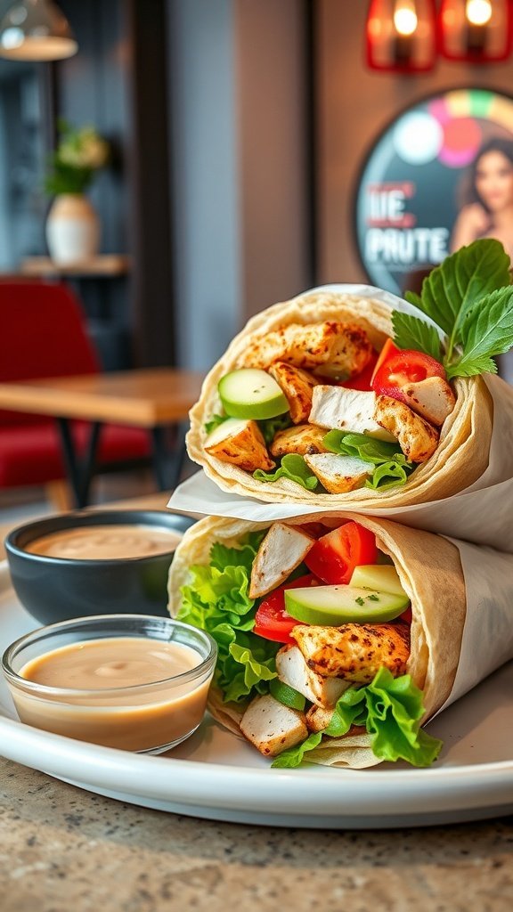 Two Mediterranean chicken wraps filled with vegetables and served with sauce.