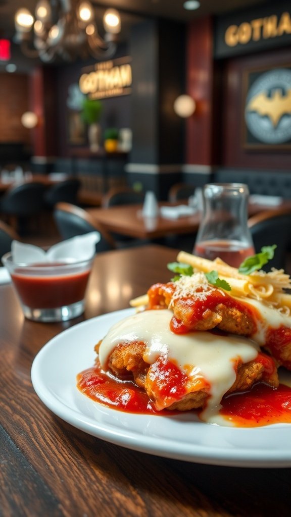 A plate of chicken piccata served with pasta in a stylish restaurant setting.