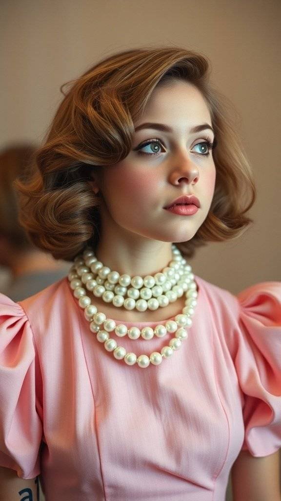 A young woman wearing multiple strands of pearls with a pink dress, embodying the 1960s jewelry style.
