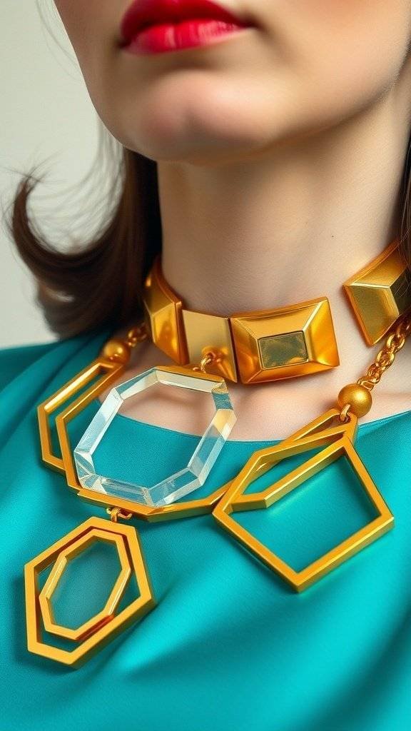 A close-up of a woman wearing a bold, geometric mod collar necklace featuring gold and clear elements, paired with a teal top.