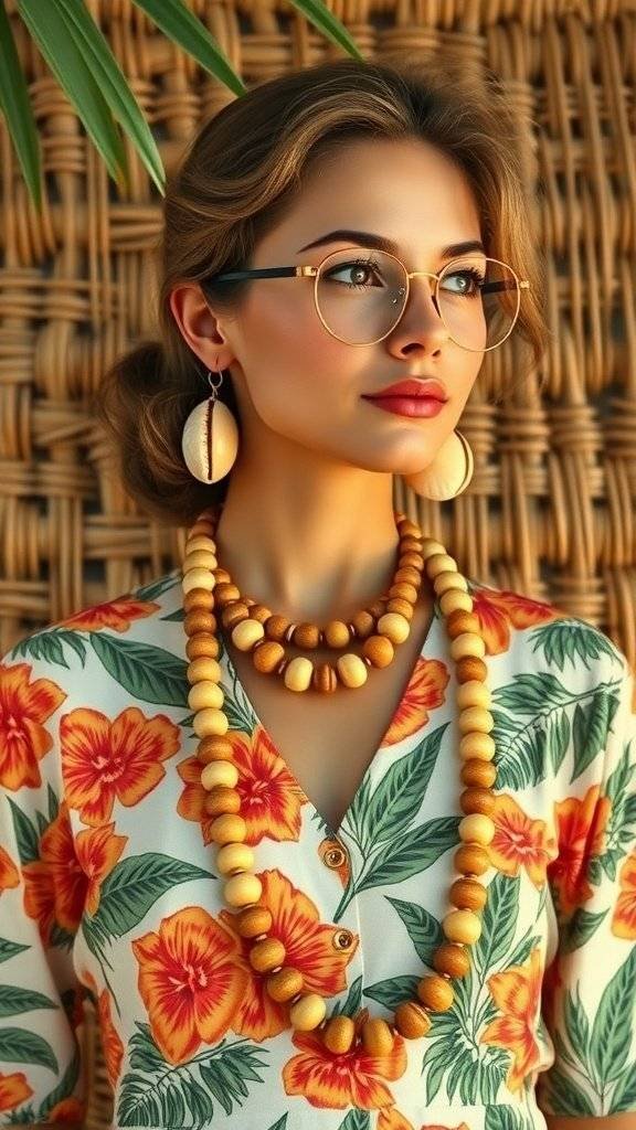 A model wearing layered wooden necklaces and large shell earrings, showcasing 1960s Tiki jewelry style.