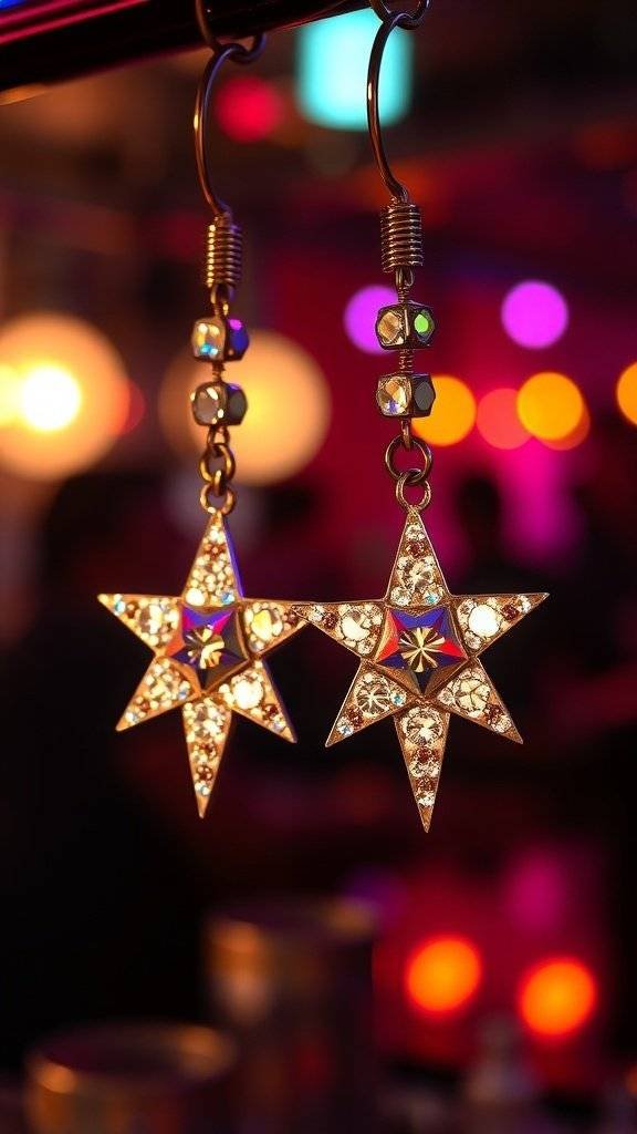 A pair of star-shaped earrings with sparkling gems, reflecting the vibrant colors of the 1960s.