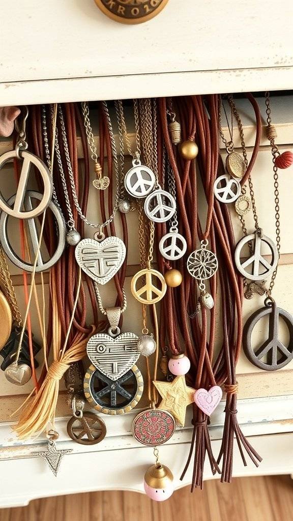 A collection of 1960s jewelry pendants featuring peace symbols, laid over a Woodstock Festival poster.