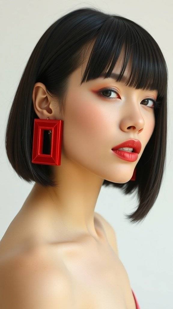 A woman with a modern hairstyle wearing a large red earring shaped like the number eight.