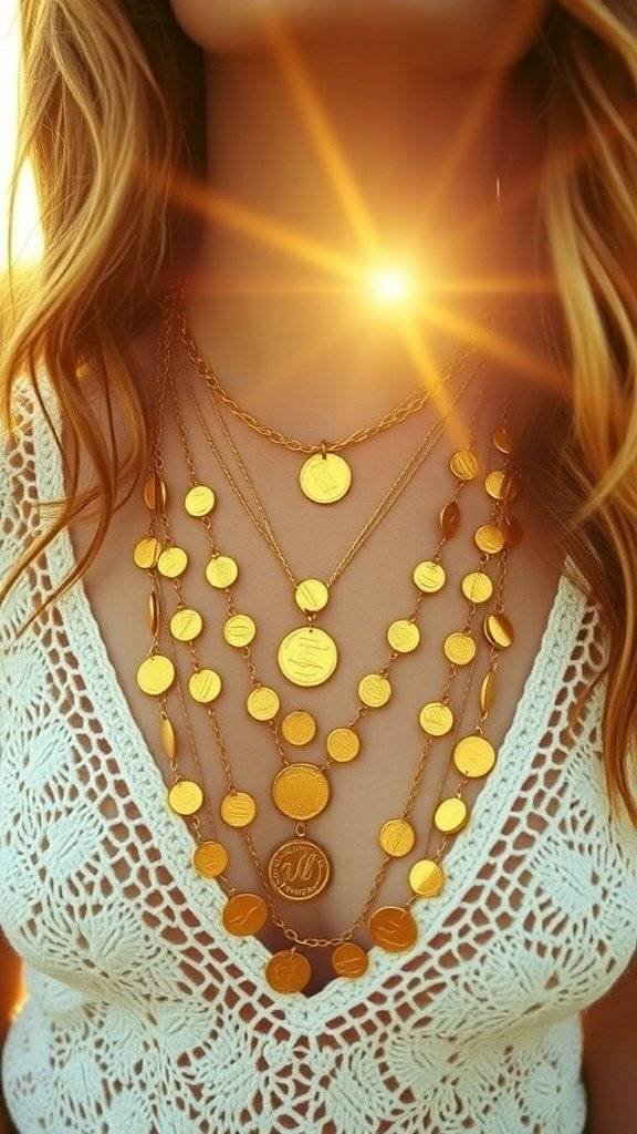 A woman wearing layered gold necklaces, showcasing a bohemian style.