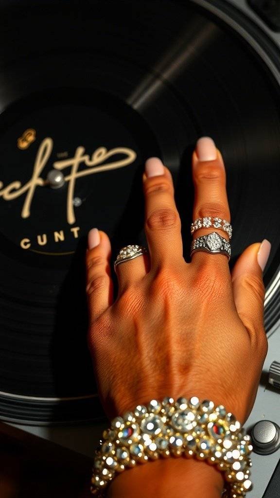 A hand in a white glove with sparkling rings and a cuff bracelet resting on a vinyl record.