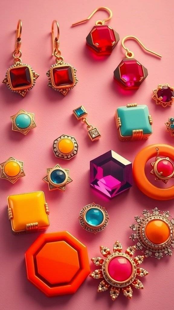 A collection of colorful 1960s geometric jewelry pieces including earrings and brooches.