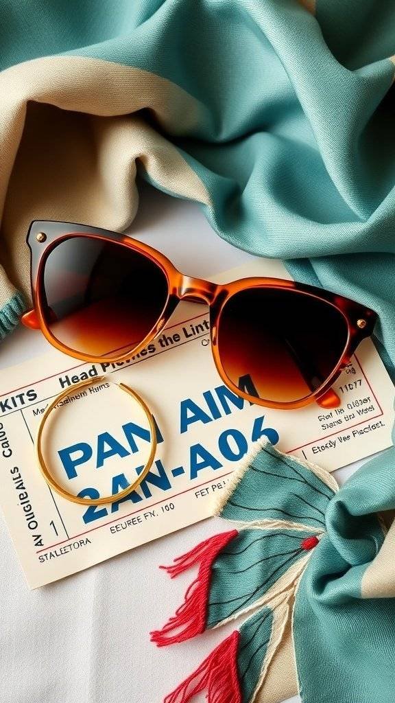 A stylish arrangement featuring oversized sunglasses, a gold hoop bracelet, a colorful scarf, and a vintage travel ticket, representing 1960s jewelry trends.
