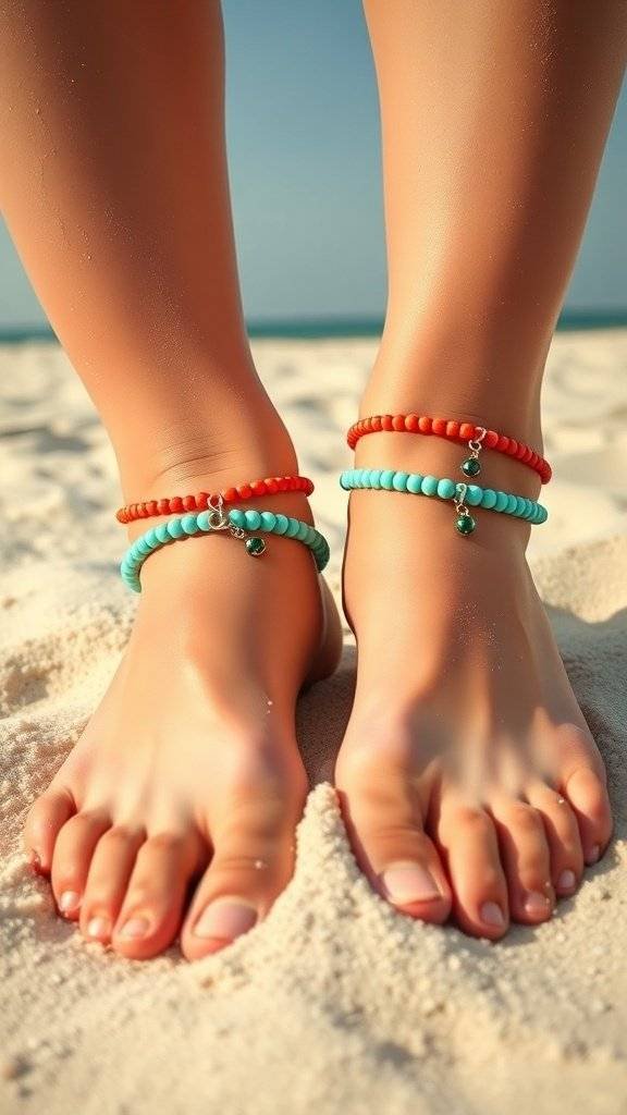 Colorful flower child anklets on a sandy beach