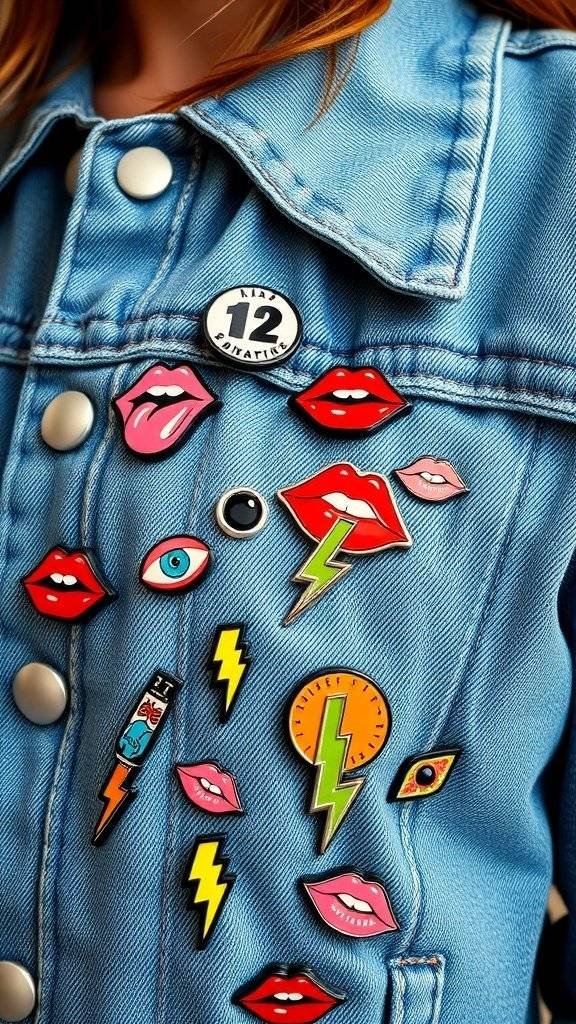 A close-up of a denim jacket adorned with colorful pop art brooches, including lips, lightning bolts, and eyes.
