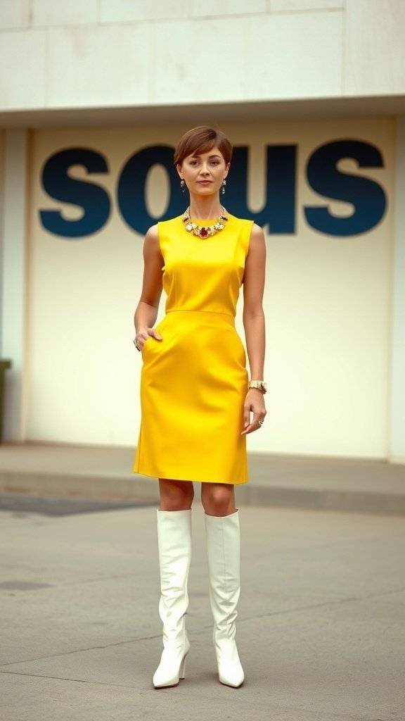 A model wearing a yellow mini dress and white knee-high boots, showcasing 1960's jewelry.