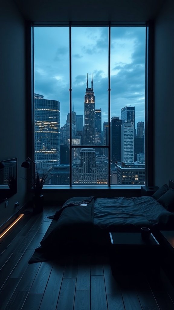 A modern bedroom with a view of the Gotham skyline at dusk, featuring a large window, dark bedding, and minimalist decor.