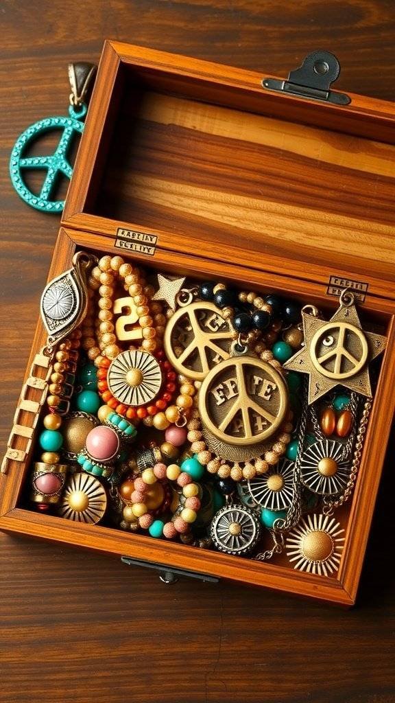 A wooden jewelry box filled with colorful 1960's jewelry, including peace symbols and various beads.
