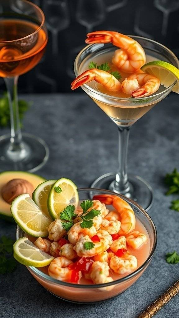 A bowl of shrimp ceviche garnished with lime and cilantro, alongside cocktails.