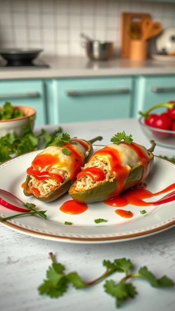 Chili Rellenos on a plate with sauce and cilantro garnish