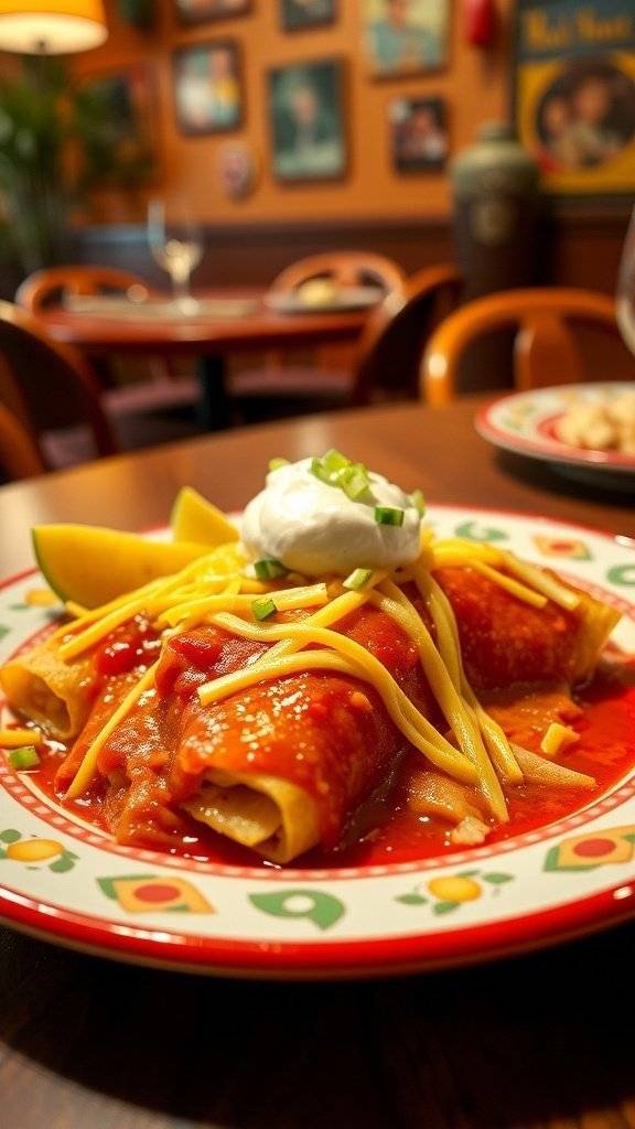 A plate of enchiladas topped with cheese and sour cream, garnished with green onions.