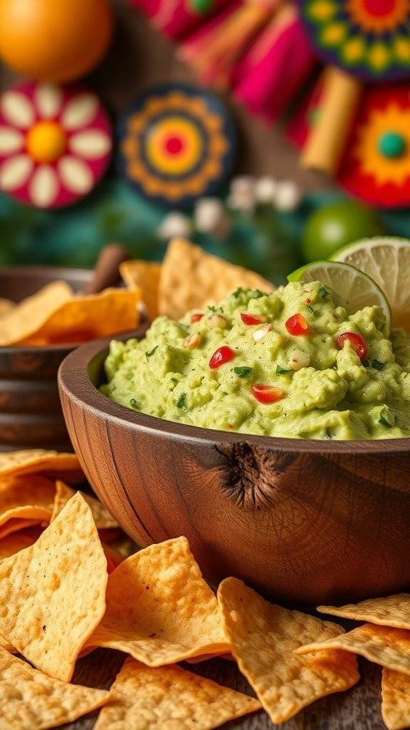 A bowl of guacamole surrounded by tortilla chips, with vibrant Mexican decorations in the background.