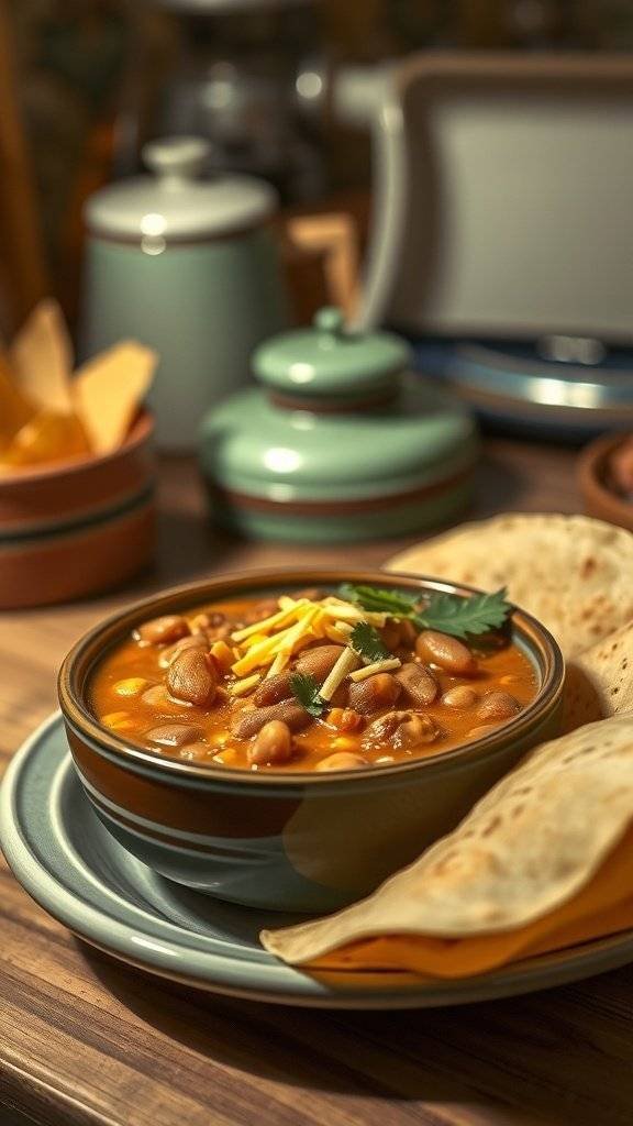A bowl of refried beans topped with cheese and cilantro, served with tortillas.