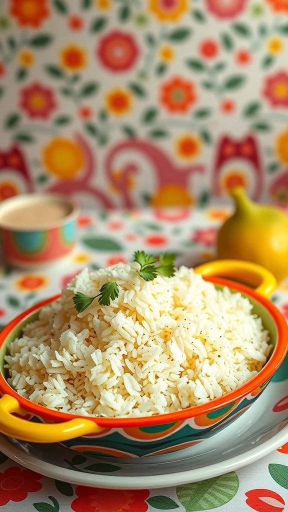A bowl of fluffy lime rice garnished with cilantro, set against a colorful floral background.