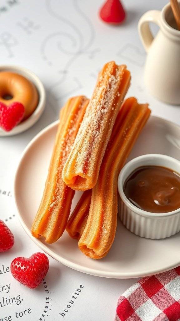 A plate of churros with chocolate sauce and strawberries