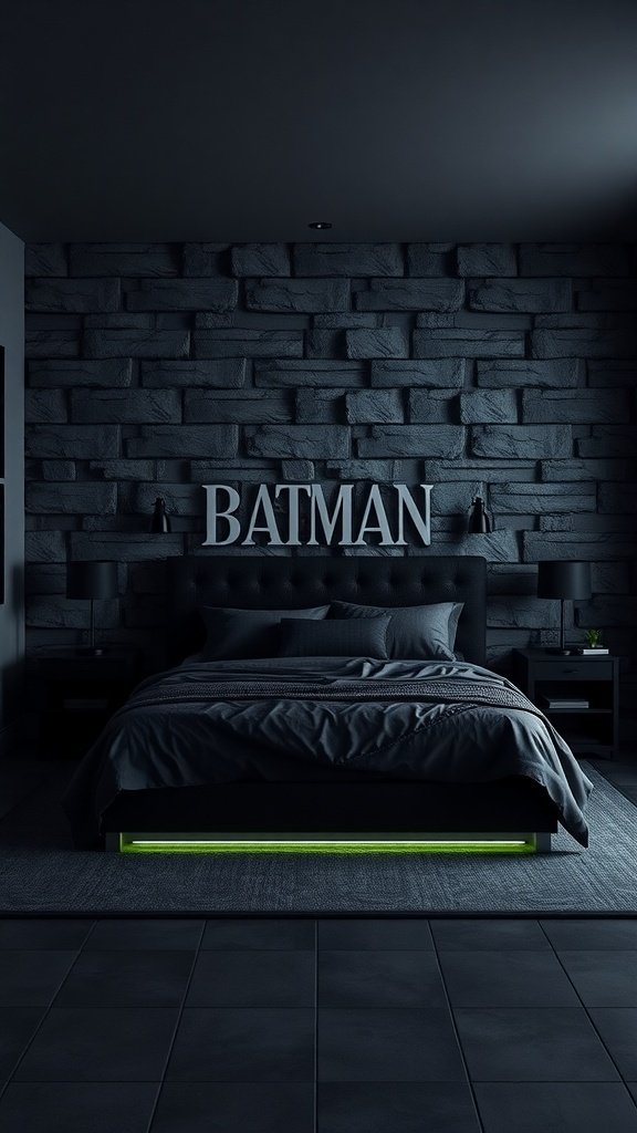 A dark bedroom with a stone wall, featuring a bed with gray bedding and a glowing green base, with a 'BATMAN' sign above.