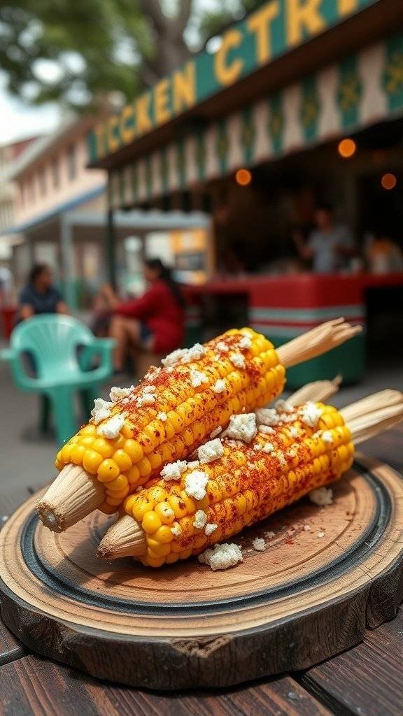 Grilled corn on the cob topped with cheese and spices on a wooden platter