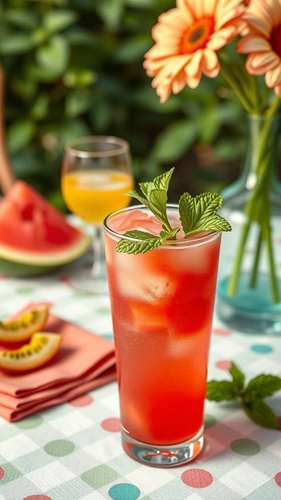 A refreshing glass of Watermelon Agua Fresca garnished with mint, surrounded by watermelon slices and a cheerful table setting.