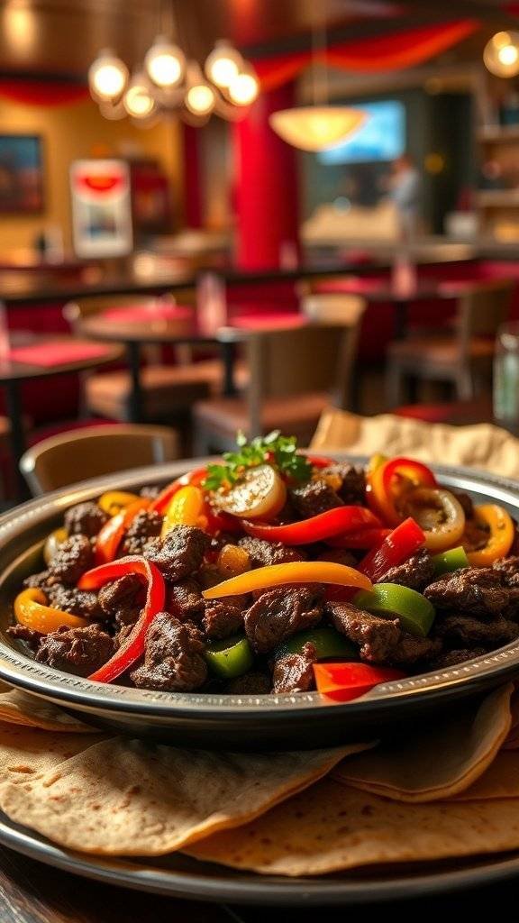 A platter of sizzling beef fajitas with colorful bell peppers and warm tortillas.