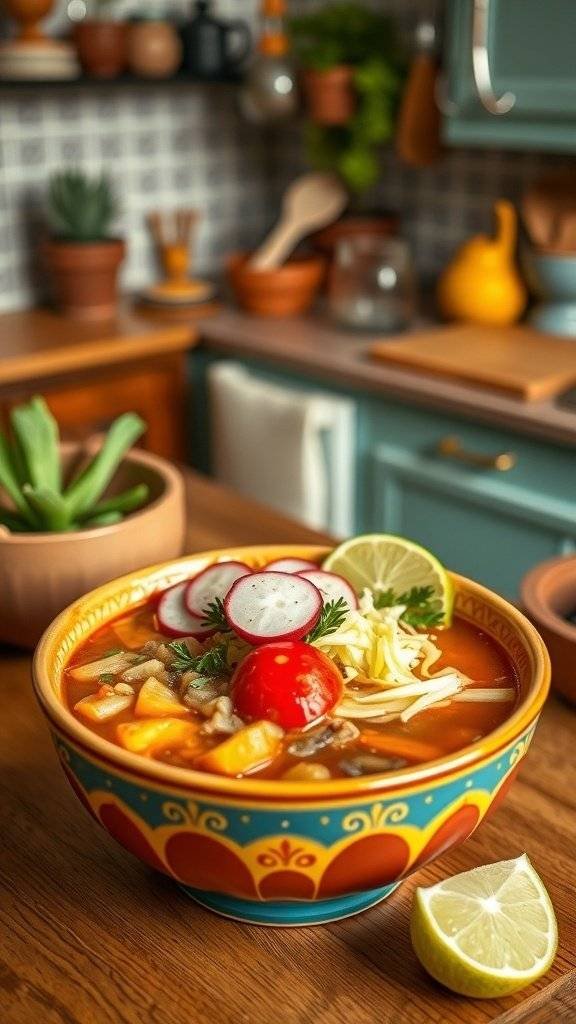 A bowl of traditional pozole garnished with radishes, lime, and cheese.