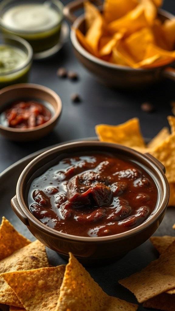 A bowl of mole sauce surrounded by tortilla chips, showcasing rich colors and textures.