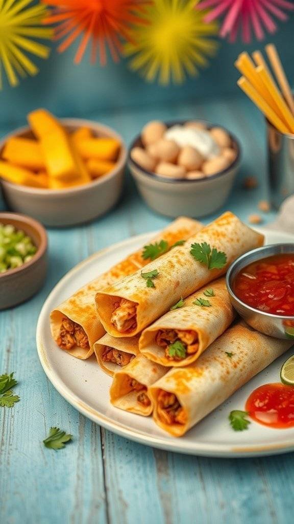A plate of crispy taquitos garnished with cilantro and served with salsa.