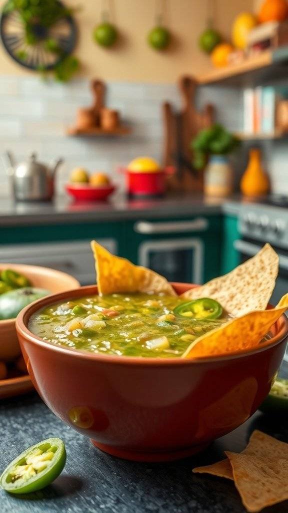 A bowl of fresh salsa verde with tortilla chips and jalapeños on a kitchen counter.