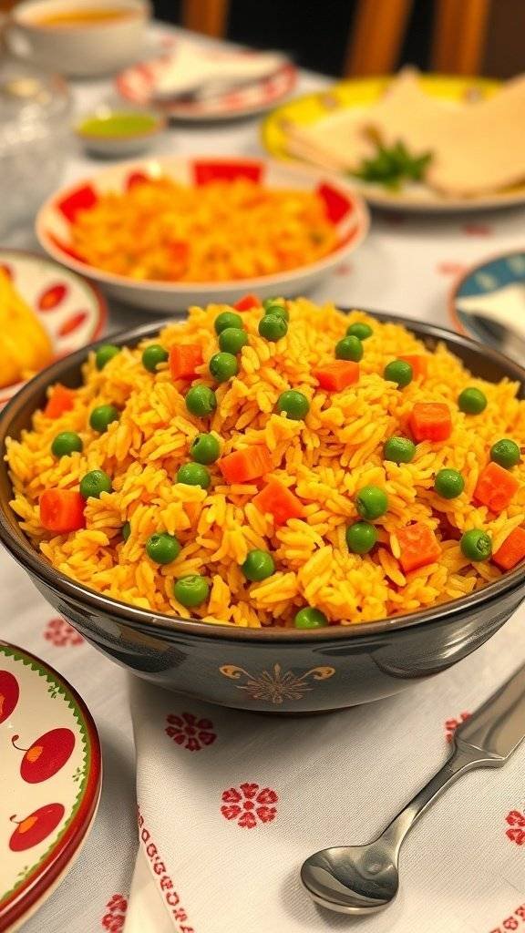 A bowl of vibrant Mexican rice with peas and carrots, served on a festive table.