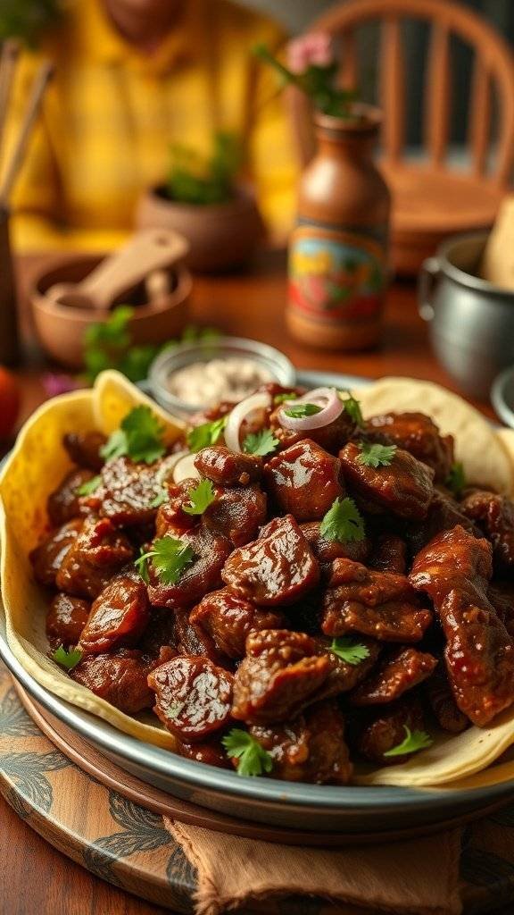 A plate of delicious carnitas garnished with cilantro and onions, served with tortillas.