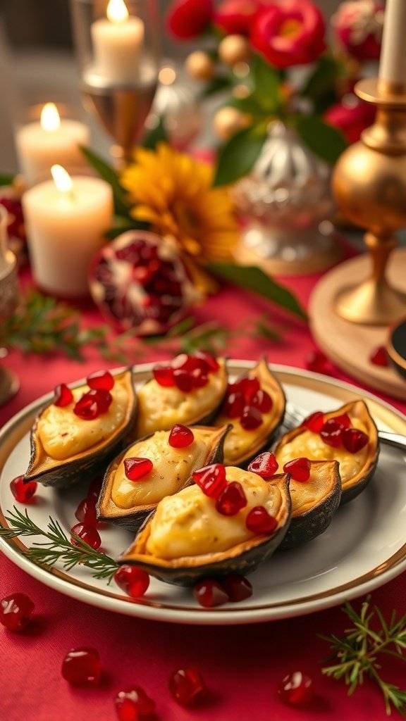 Mini Chiles En Nogada arranged on a festive table with candles and flowers.