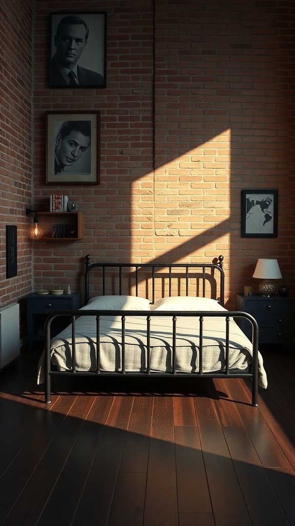 A stylish industrial loft bedroom with exposed brick walls, a metal bed frame, and black-and-white artwork.