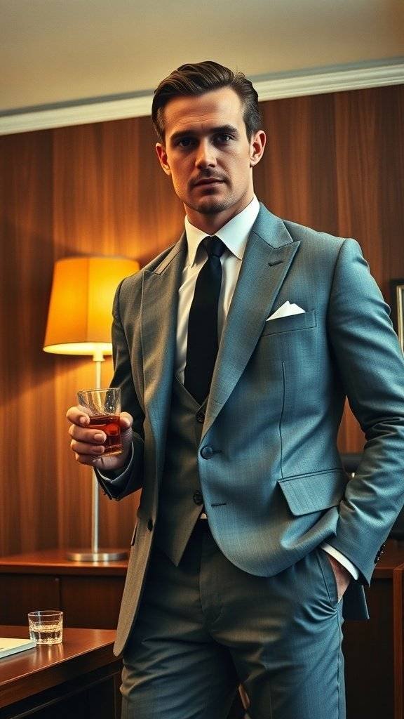 A man in a light gray Draper suit, holding a drink, exuding confidence and style.