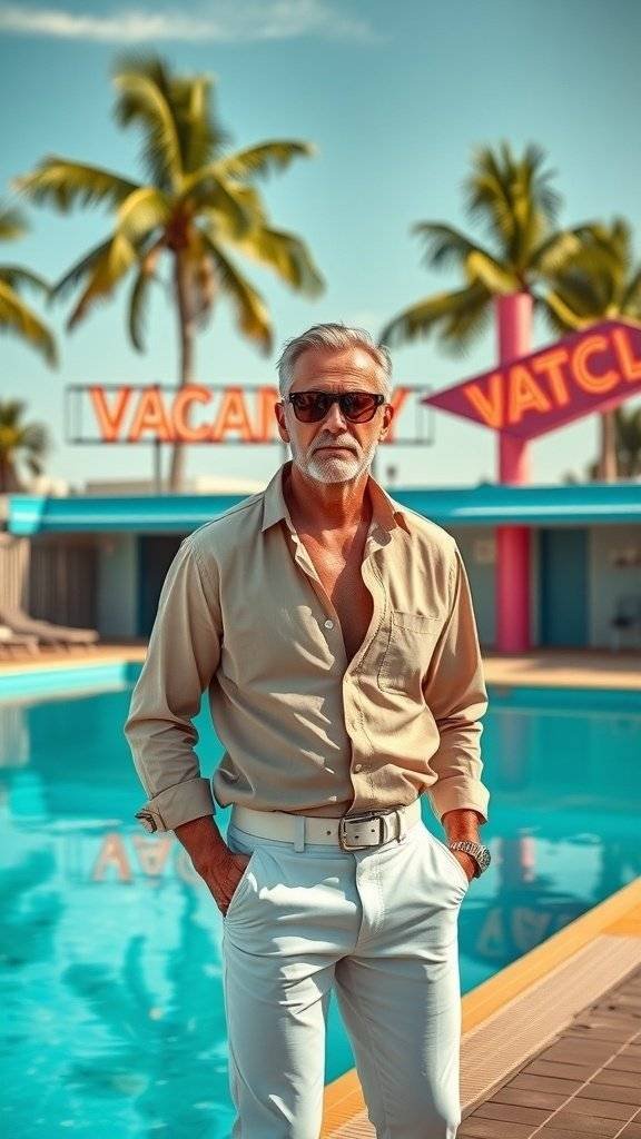 A man in a light shirt and white pants stands by a pool at a Palm Springs motel, exuding 1960s style.