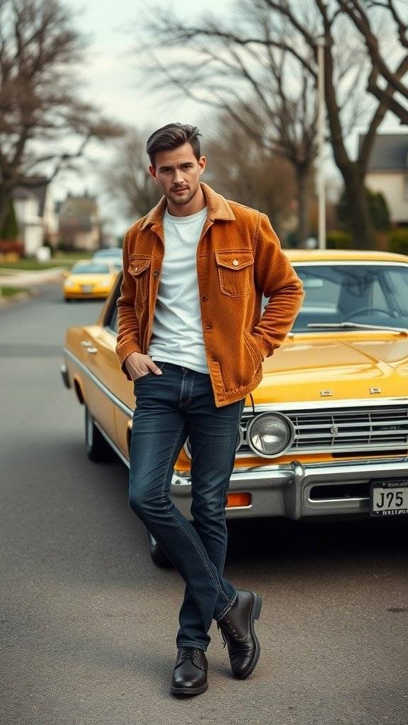 A man in a corduroy jacket and jeans stands next to a vintage car.