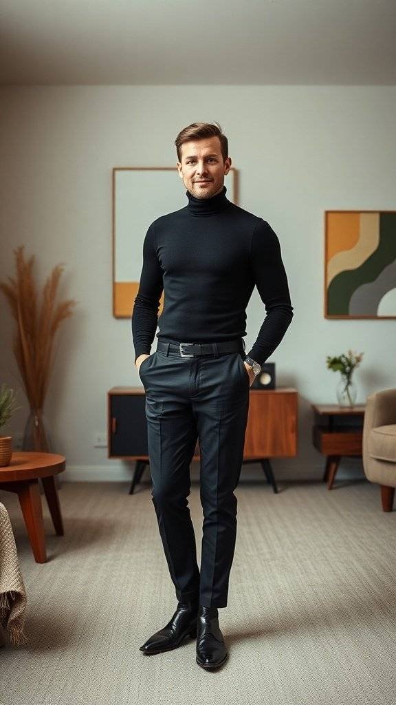 A man in a black turtleneck and tailored trousers, embodying the Mod Minimalist style.