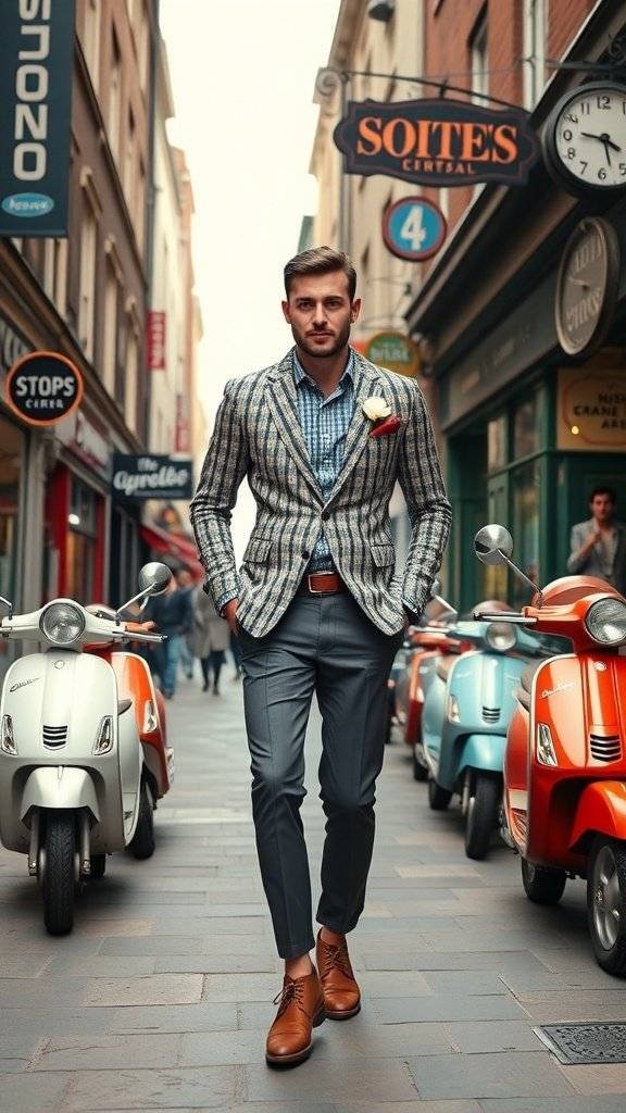 A man in a striped blazer and checkered shirt walking among colorful scooters in London.