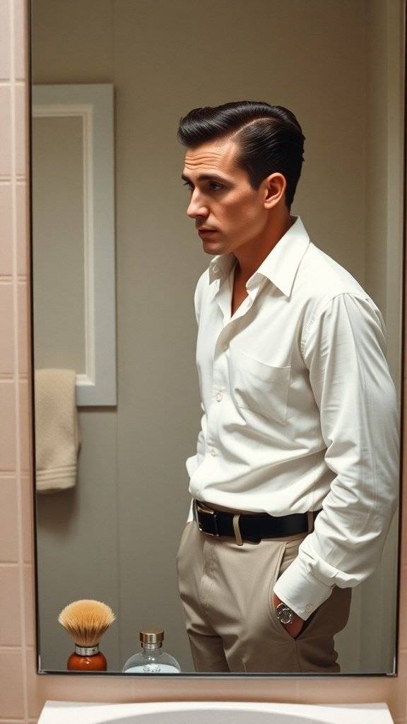 A stylish man in a denim outfit leaning against a brick wall with a billboard in the background.