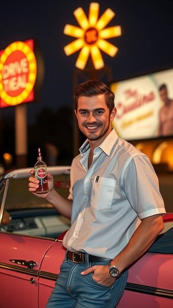 A young man in a short-sleeved shirt and jeans, holding a drink, standing next to a vintage car at a drive-in.