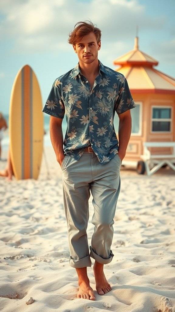A man in a floral shirt and light trousers standing on the beach with a surfboard in the background.