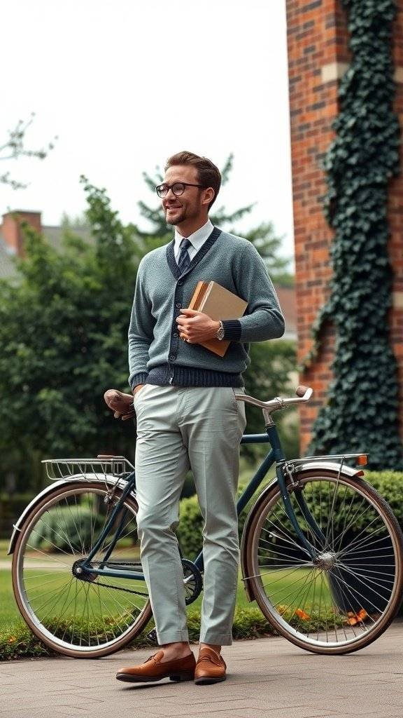 A man in a light blue cardigan and light trousers stands next to a vintage bicycle, holding books, in a green outdoor setting.