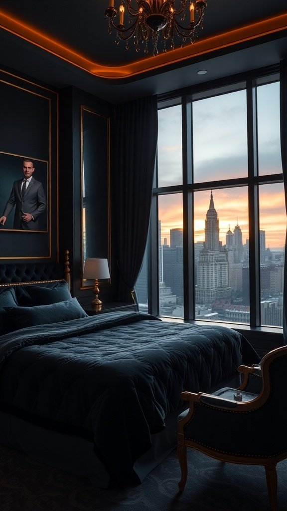 A luxurious bedroom with dark decor, large windows showing a city skyline, and elegant furnishings.