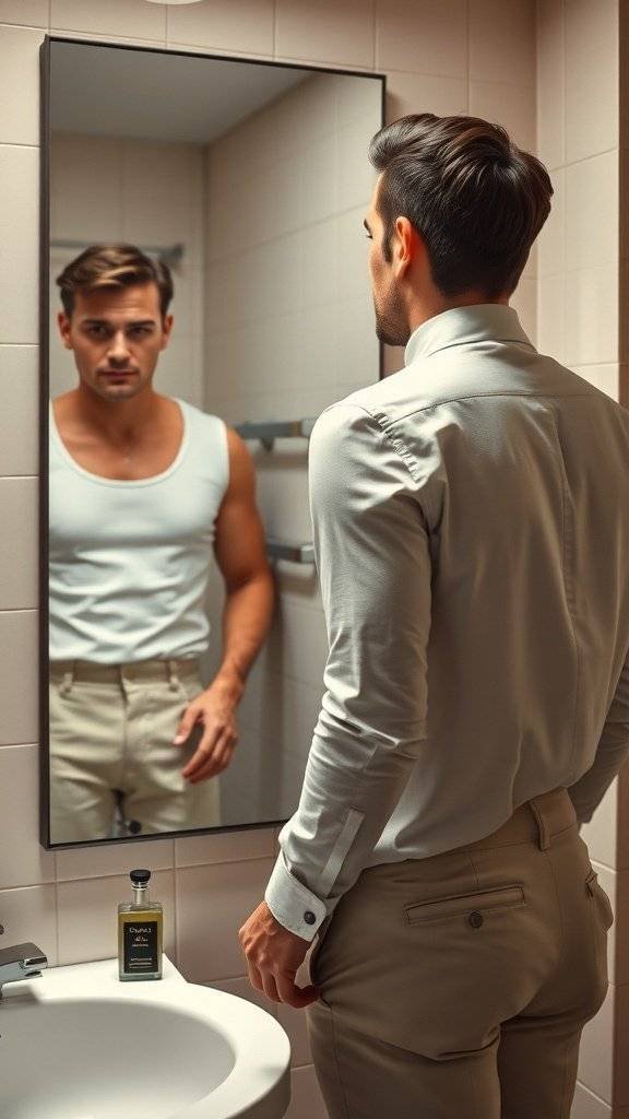 A man in a bathroom looking at himself in the mirror, wearing a fitted shirt and trousers, with a bottle of cologne on the sink.
