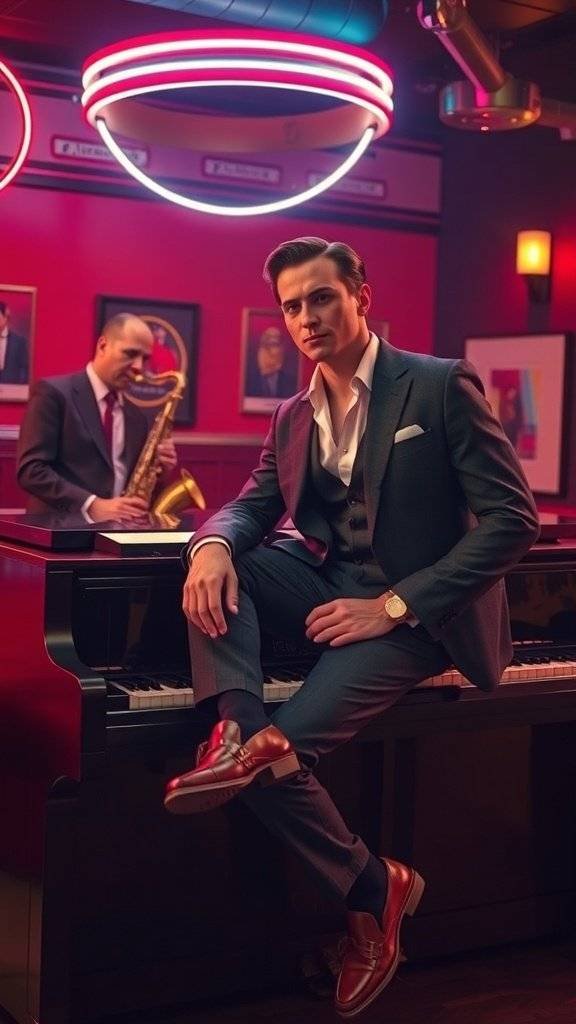 A stylish man sitting at a piano in a jazz club, with a saxophonist in the background, showcasing 1960s men's fashion.